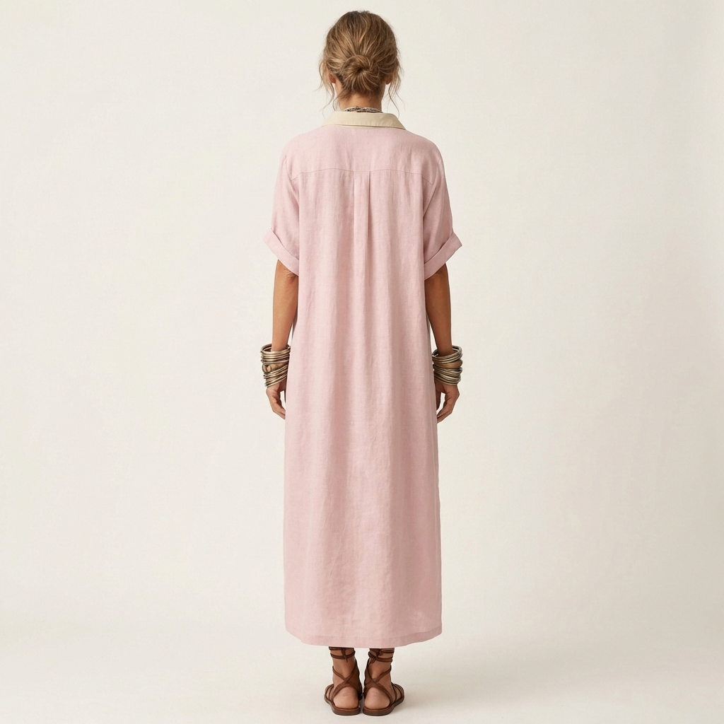 ISOLDE | MAXI ABITO A CAMICIA A MANICHE CORTE CON COLLETTO A CONTRASTO E BOTTONI SUL DAVANTI