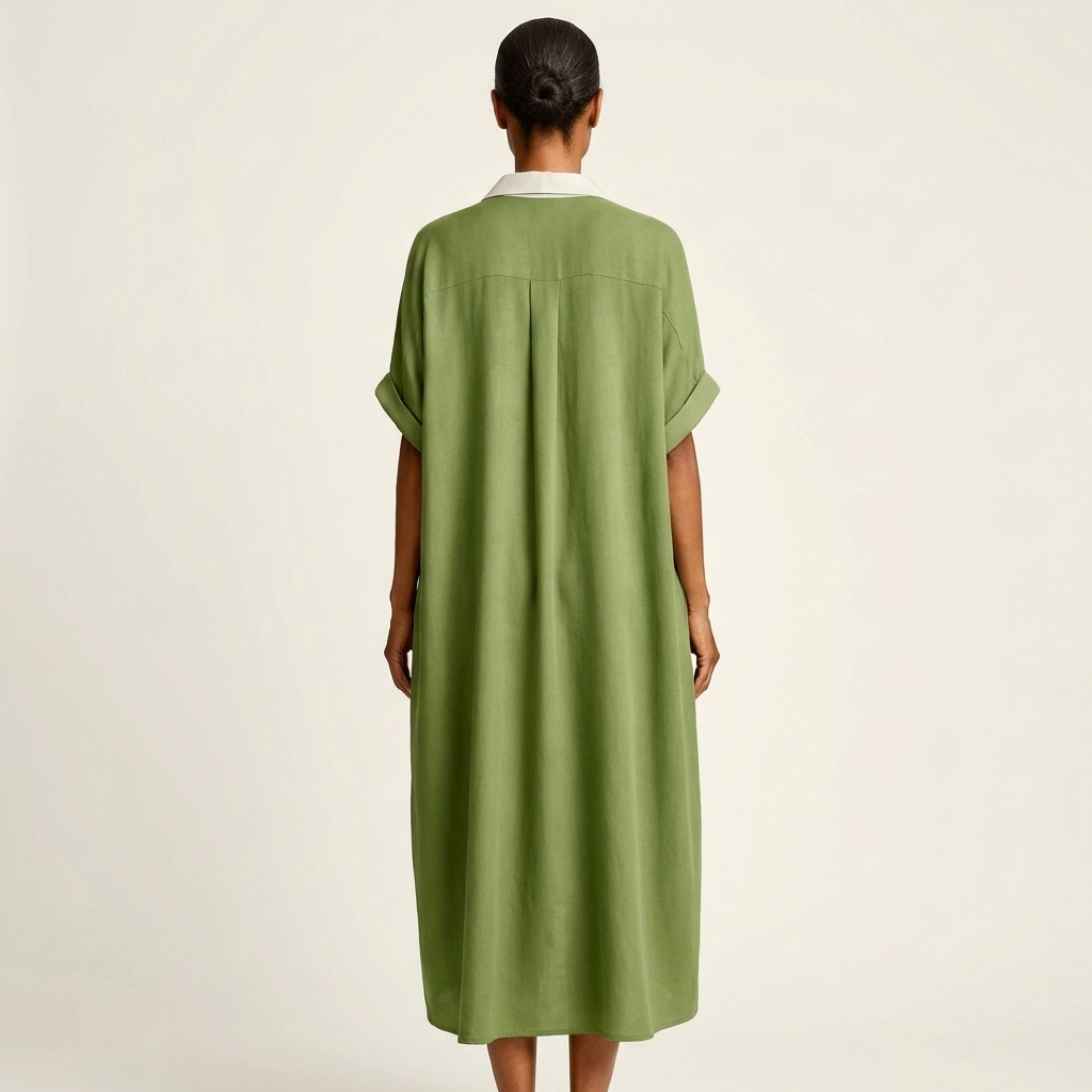 ISOLDE | MAXI ABITO A CAMICIA A MANICHE CORTE CON COLLETTO A CONTRASTO E BOTTONI SUL DAVANTI