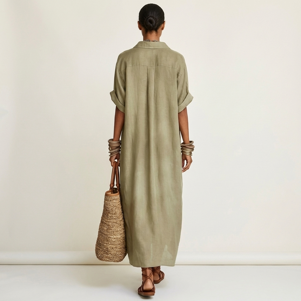 ISOLDE | MAXI ABITO A CAMICIA A MANICHE CORTE CON COLLETTO A CONTRASTO E BOTTONI SUL DAVANTI
