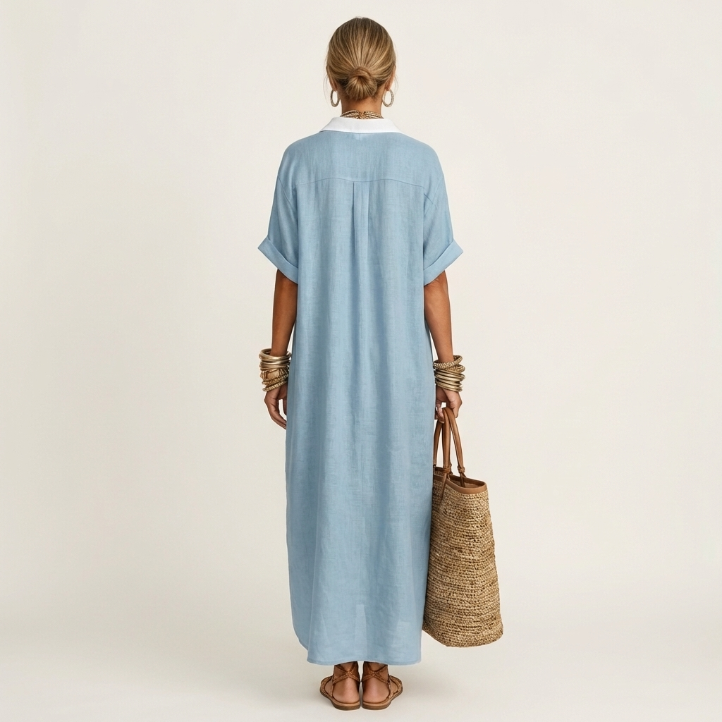 ISOLDE | MAXI ABITO A CAMICIA A MANICHE CORTE CON COLLETTO A CONTRASTO E BOTTONI SUL DAVANTI