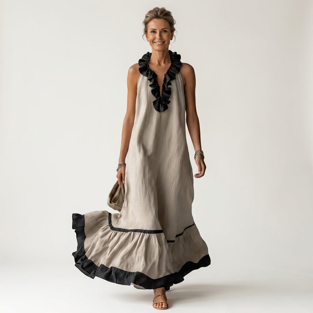 SERAPHINA | ABITO LUNGO SENZA MANICHE CON RUFFLE SUL COLLO E FINITURE A CONTRASTO