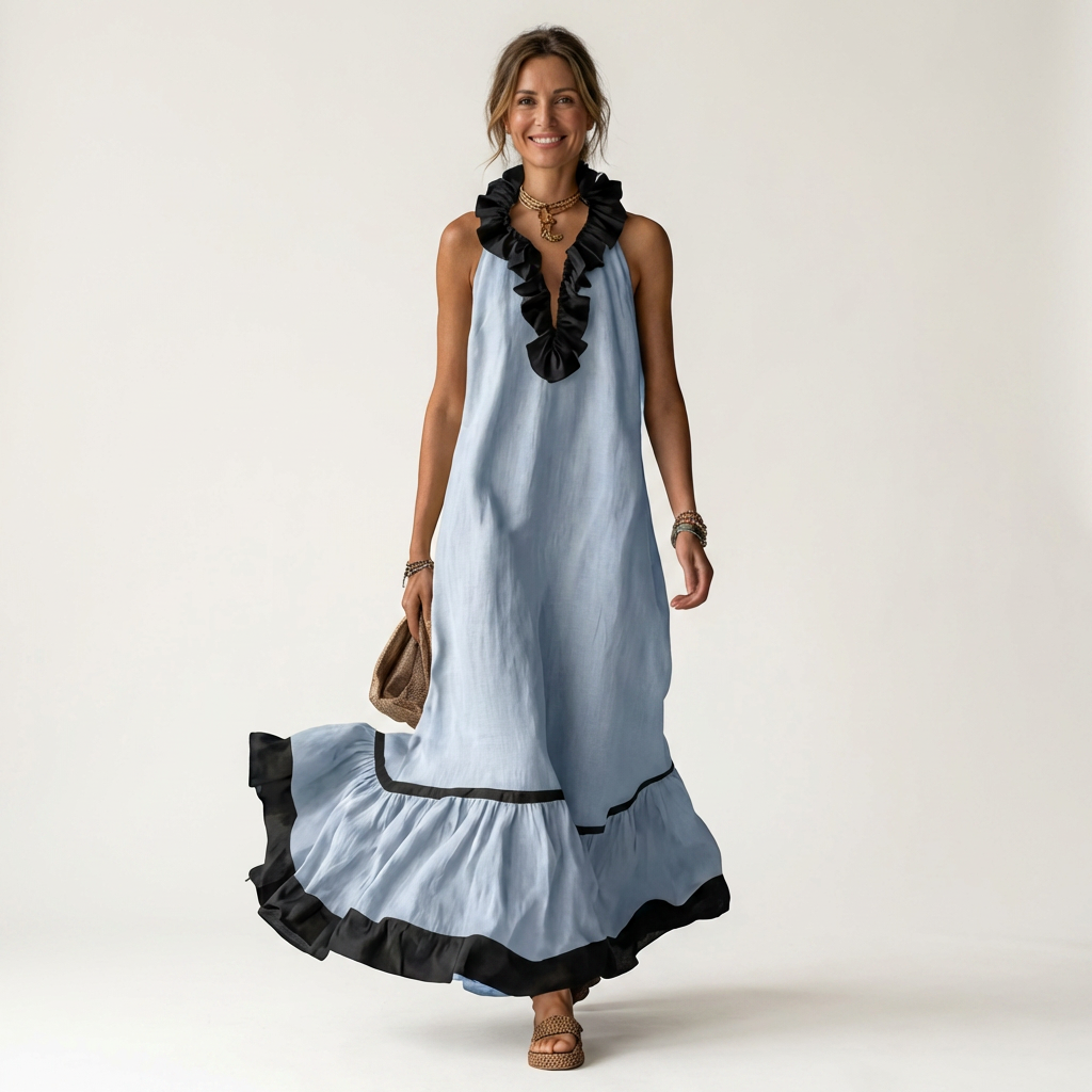 SERAPHINA | ABITO LUNGO SENZA MANICHE CON RUFFLE SUL COLLO E FINITURE A CONTRASTO