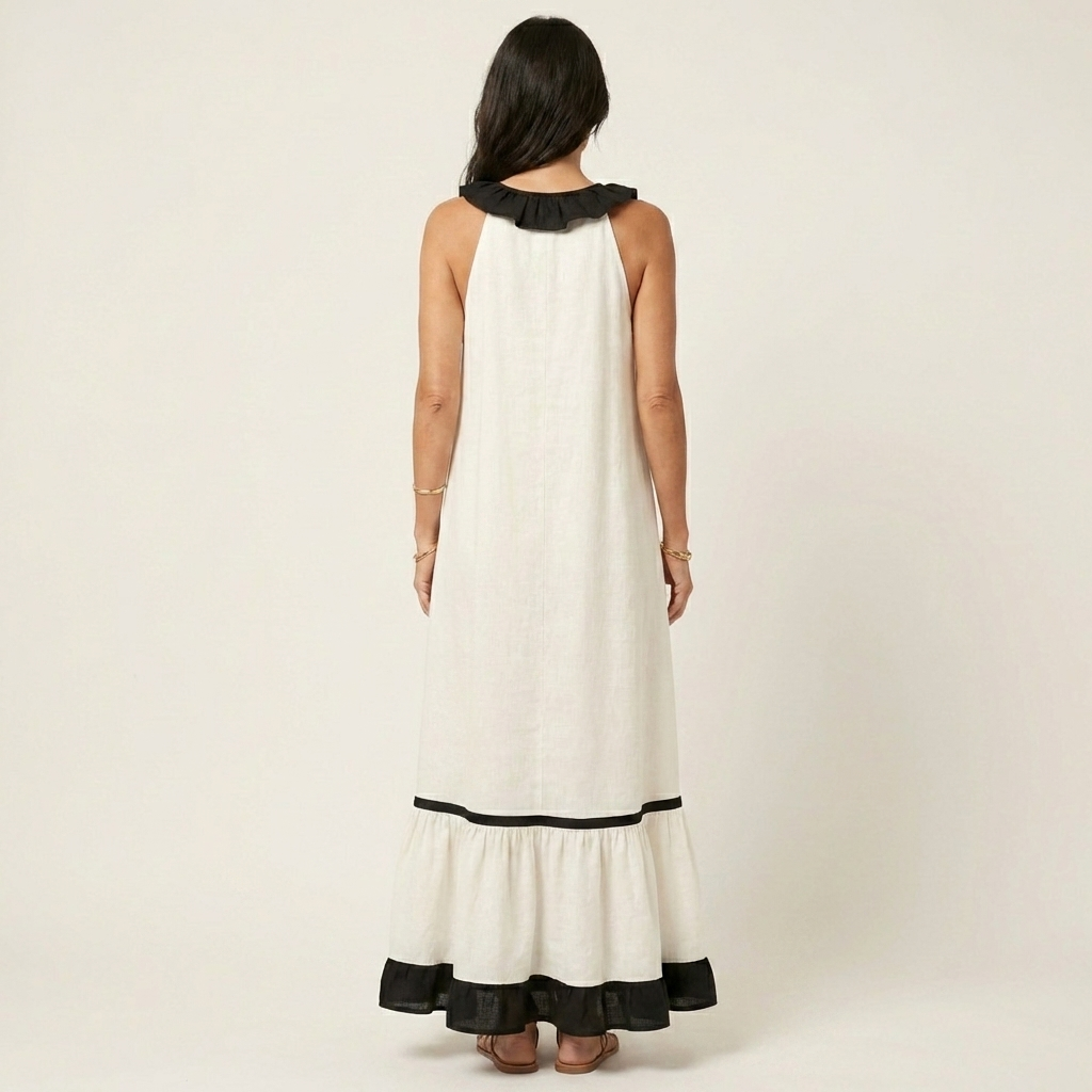 SERAPHINA | ABITO LUNGO SENZA MANICHE CON RUFFLE SUL COLLO E FINITURE A CONTRASTO