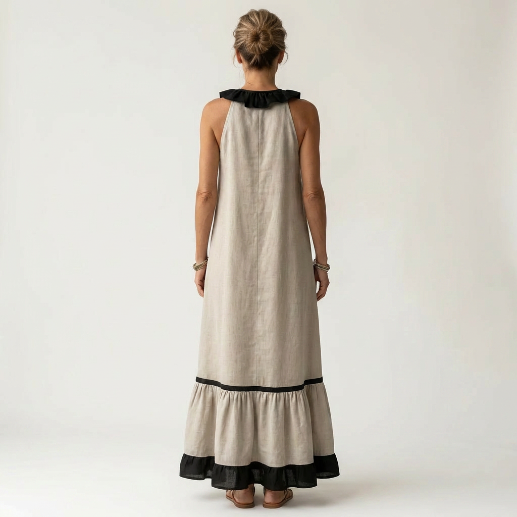SERAPHINA | ABITO LUNGO SENZA MANICHE CON RUFFLE SUL COLLO E FINITURE A CONTRASTO