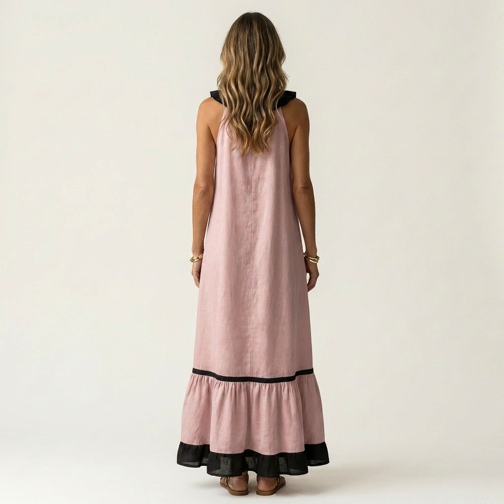 SERAPHINA | ABITO LUNGO SENZA MANICHE CON RUFFLE SUL COLLO E FINITURE A CONTRASTO