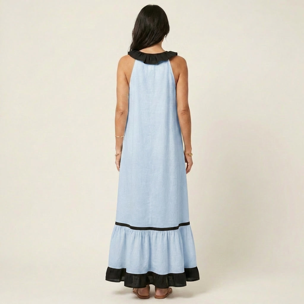SERAPHINA | ABITO LUNGO SENZA MANICHE CON RUFFLE SUL COLLO E FINITURE A CONTRASTO