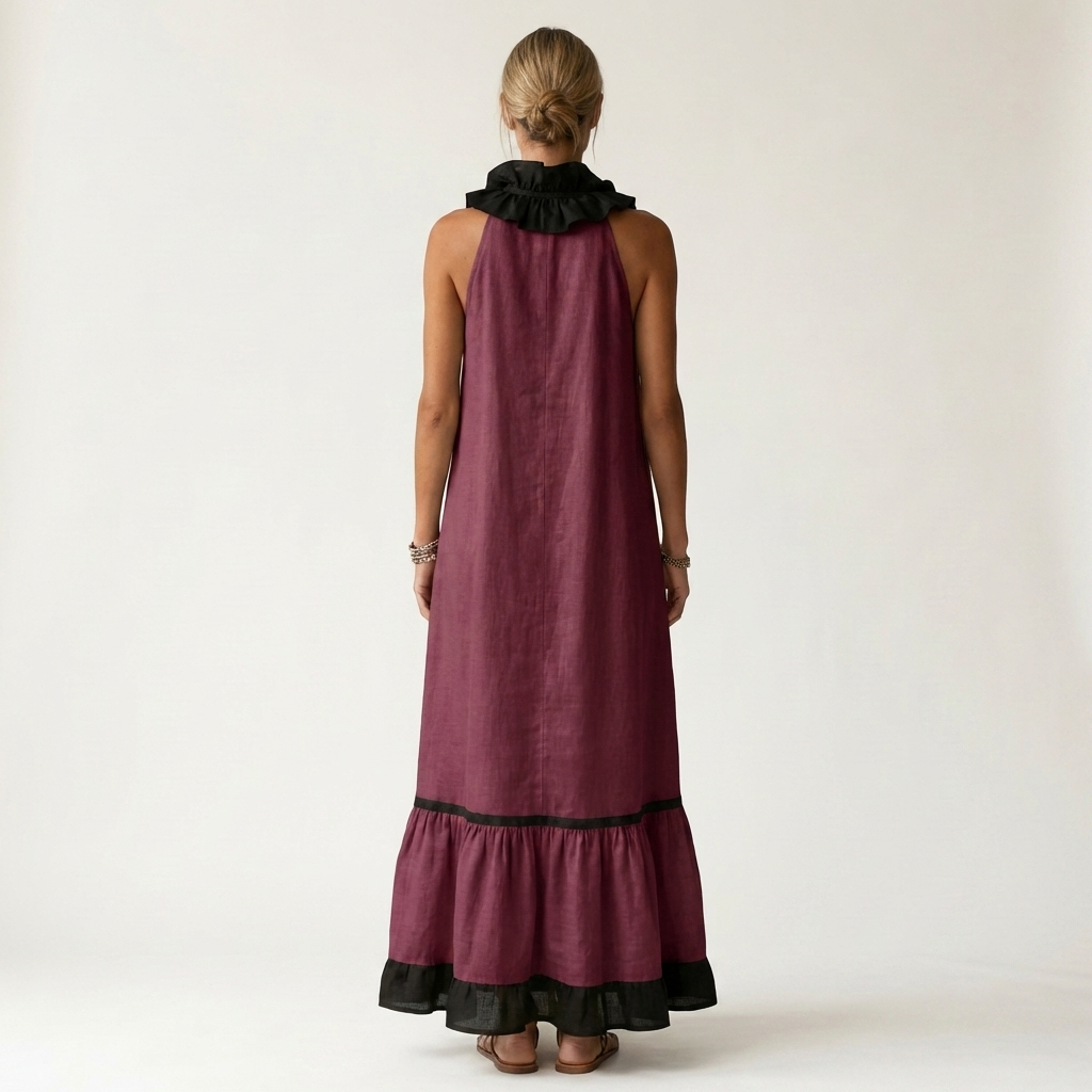 SERAPHINA | ABITO LUNGO SENZA MANICHE CON RUFFLE SUL COLLO E FINITURE A CONTRASTO