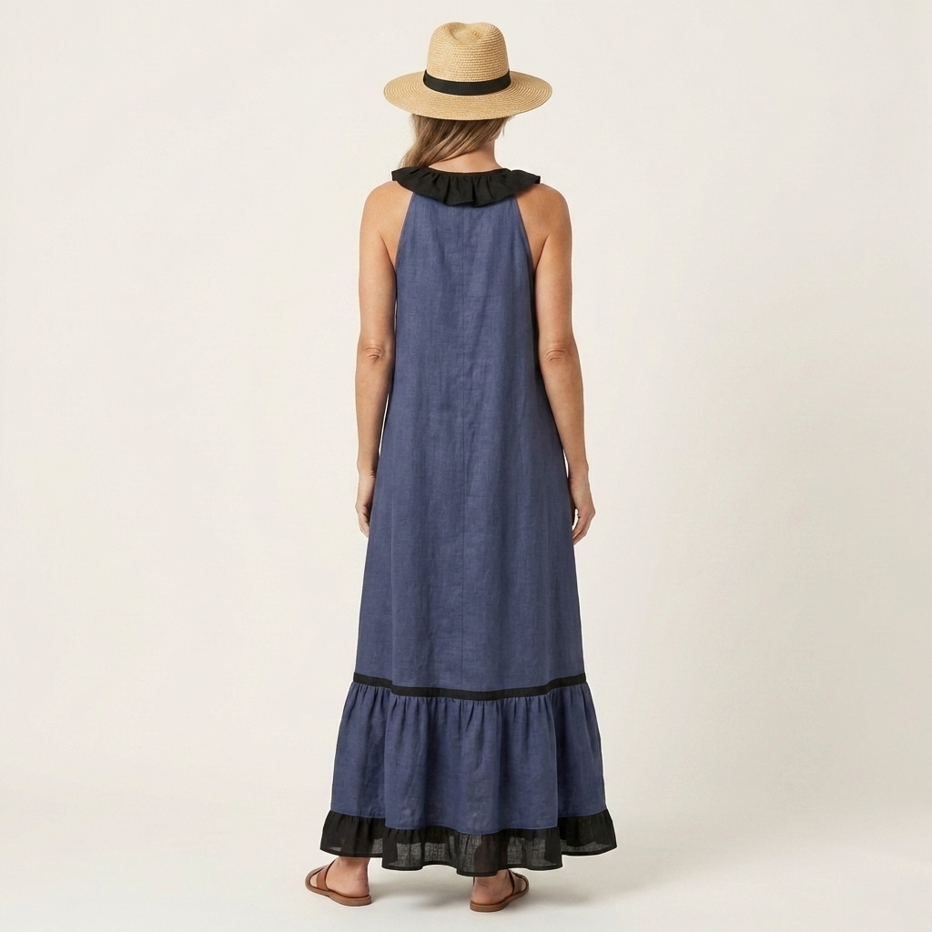 SERAPHINA | ABITO LUNGO SENZA MANICHE CON RUFFLE SUL COLLO E FINITURE A CONTRASTO