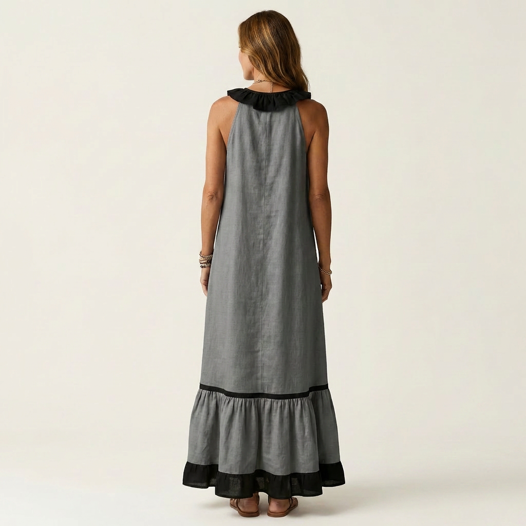 SERAPHINA | ABITO LUNGO SENZA MANICHE CON RUFFLE SUL COLLO E FINITURE A CONTRASTO