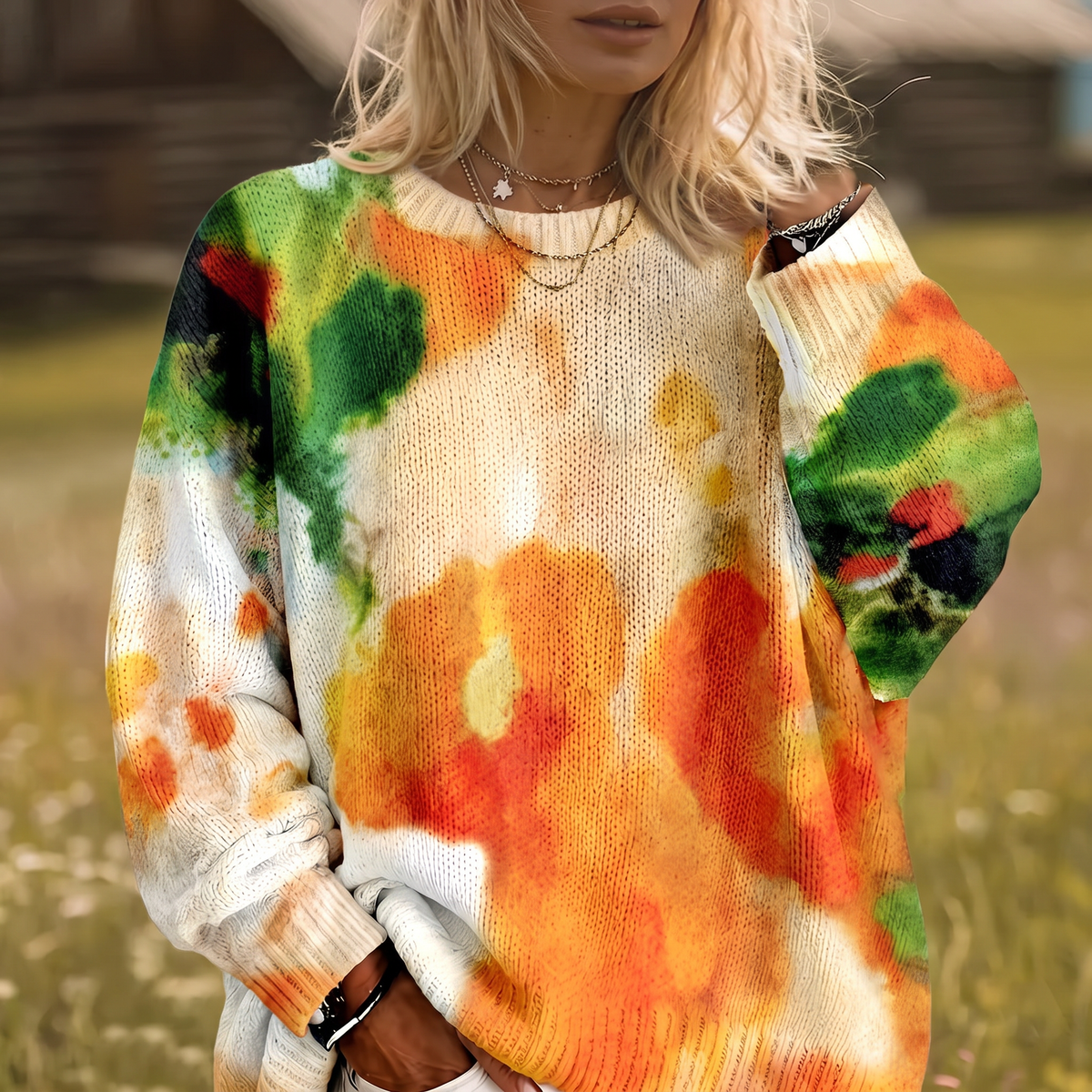 AMBERLEI | MAGLIA GIROCOLLO CON STAMPA FLOREALE TIE-DYE ARANCIONE