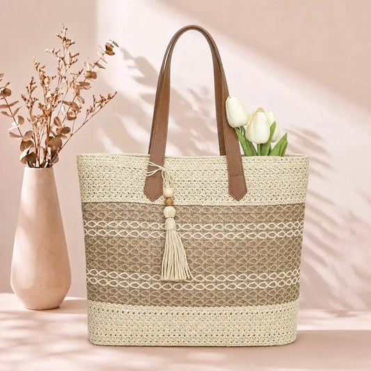 MIRA | BORSA TOTE IN PAGLIA CON NAPPINE BOHO
