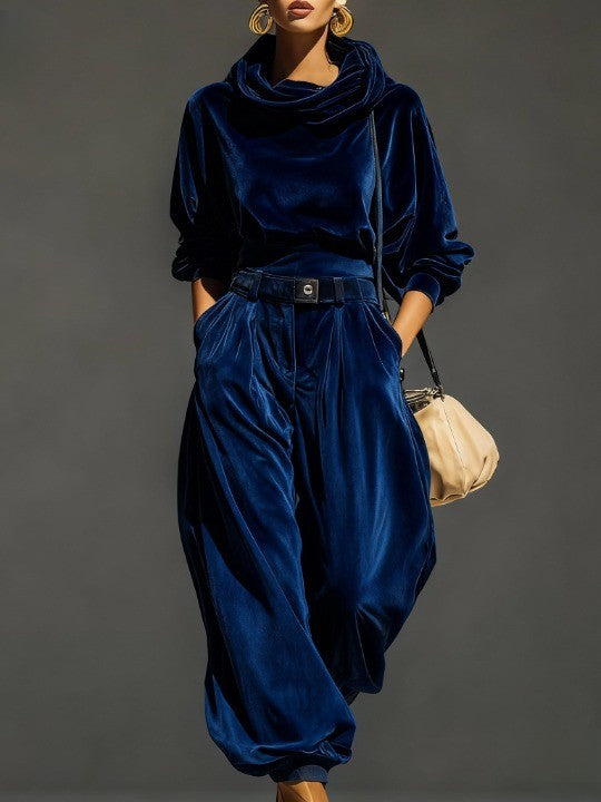 FREYA | COMPLETO FELPA CON CAPPUCCIO IN VELLUTO MARRONE VINTAGE E PANTALONI AMPI