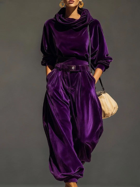 FREYA | COMPLETO FELPA CON CAPPUCCIO IN VELLUTO MARRONE VINTAGE E PANTALONI AMPI