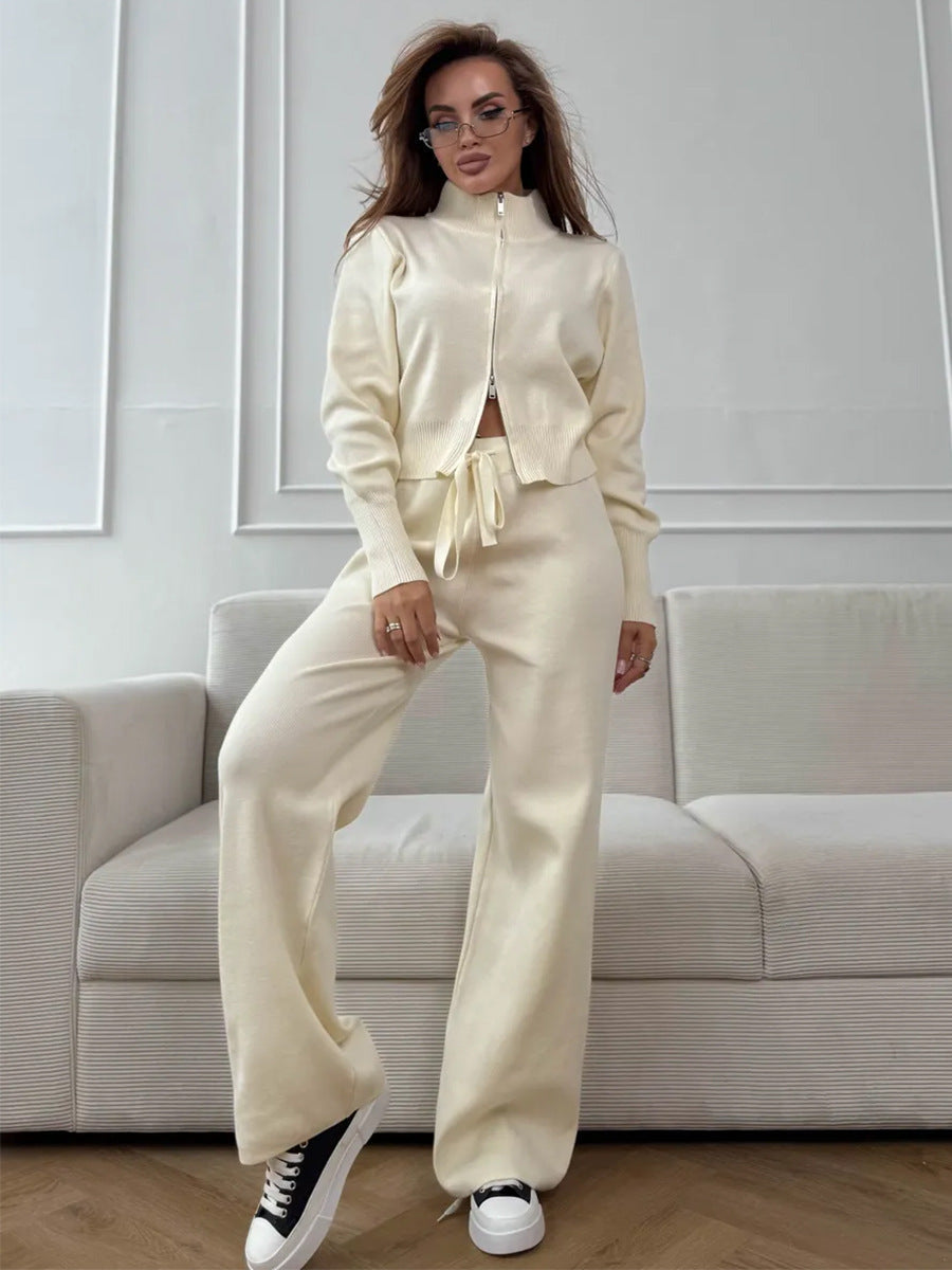 ISLA | COMPLETO IN MAGLIA 2 PEZZI – PANTALONI GAMBA AMPIA CON COULISSE E GIACCA CON ZIP
