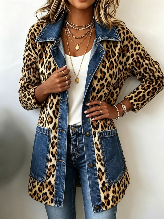 FABLENNE | GIACCA LUNGA A CONTRASTO CON INSERTI IN DENIM STAMPATO LEOPARDATO