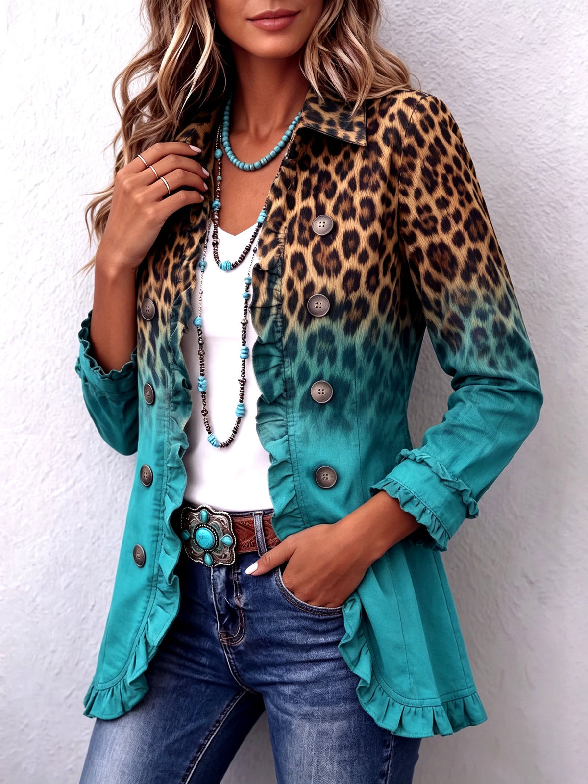ELSPETH | BLAZER A VOLANT CON SFUMATURA LEOPARDATA