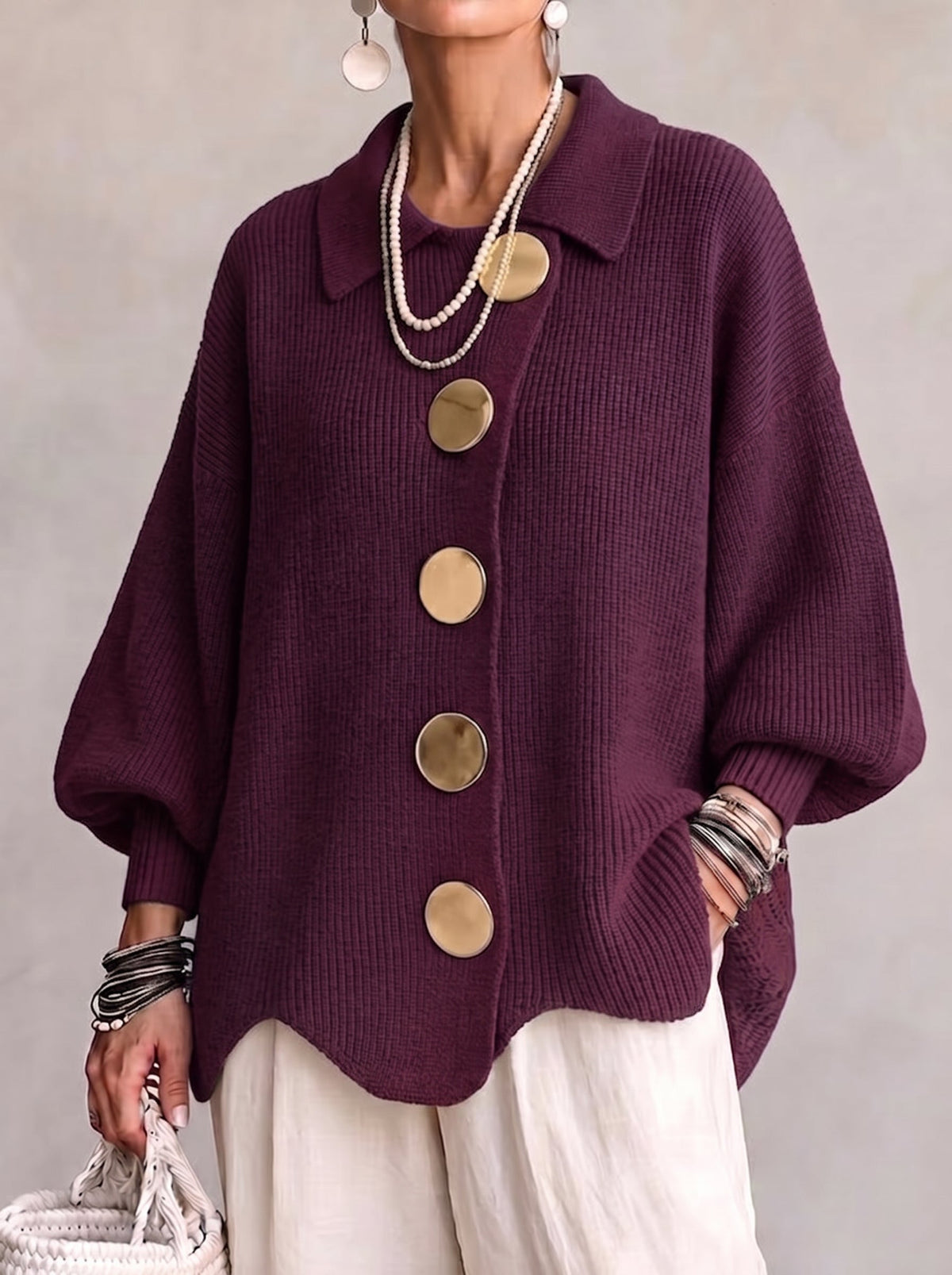 KATRIEN | CARDIGAN OVERSIZE CON COLLETTO E BOTTONI IN METALLO