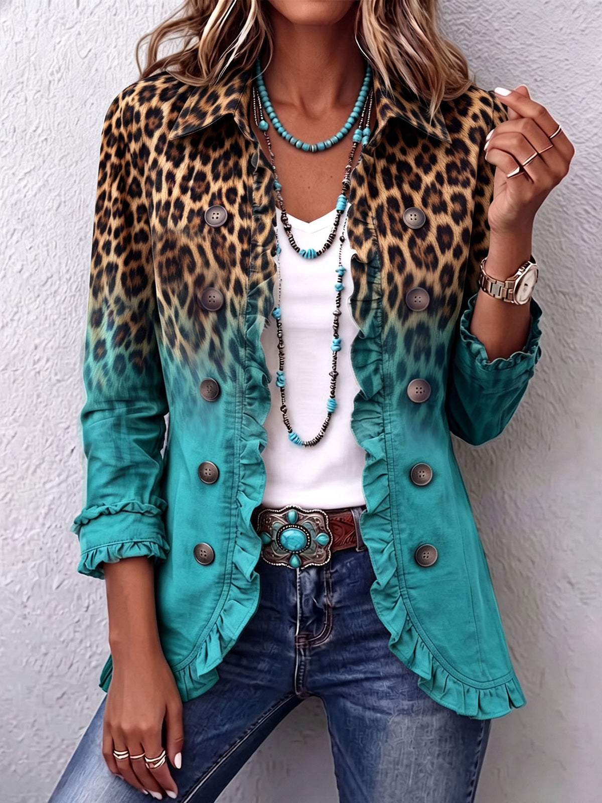 ELSPETH | BLAZER A VOLANT CON SFUMATURA LEOPARDATA