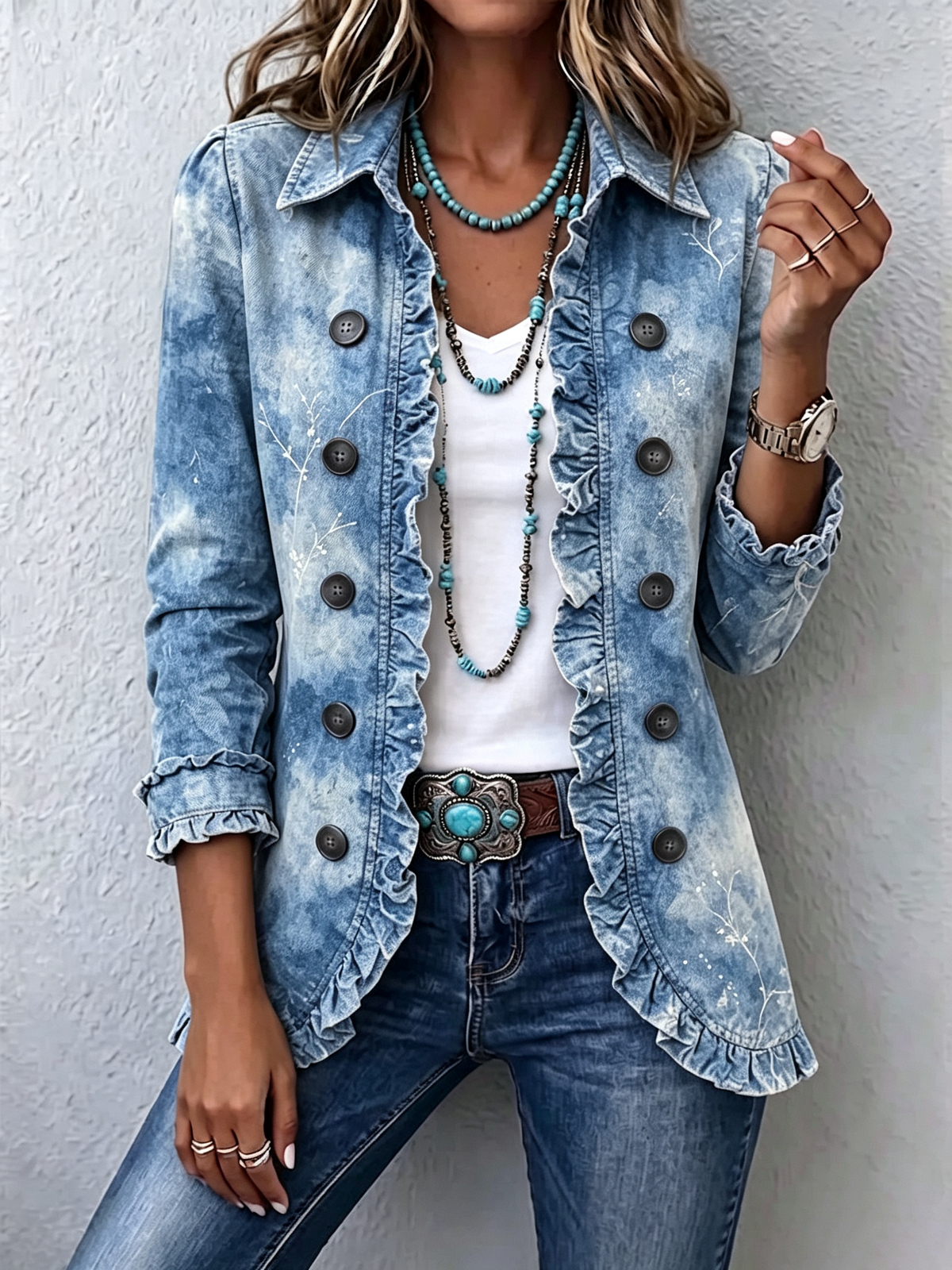 JEMISON | GIACCA CON VOLANT, STAMPA BOTANICA VINTAGE E SFUMATURE IN STILE BOHO