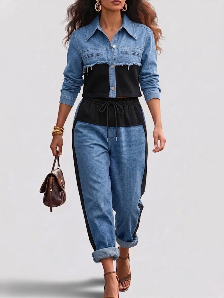 HOLBROOK | COMPLETO GIACCA CROPPED COLOR-BLOCK E PANTALONI A GAMBA LARGA