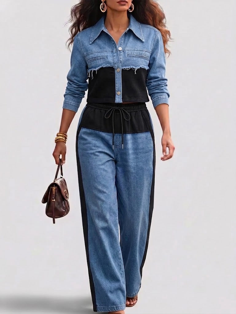HOLBROOK | COMPLETO GIACCA CROPPED COLOR-BLOCK E PANTALONI A GAMBA LARGA