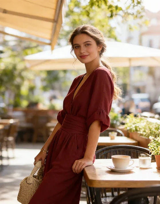 MONICA | ELEGANTE TUTA A GAMBA LARGA CON SCOLLO A V