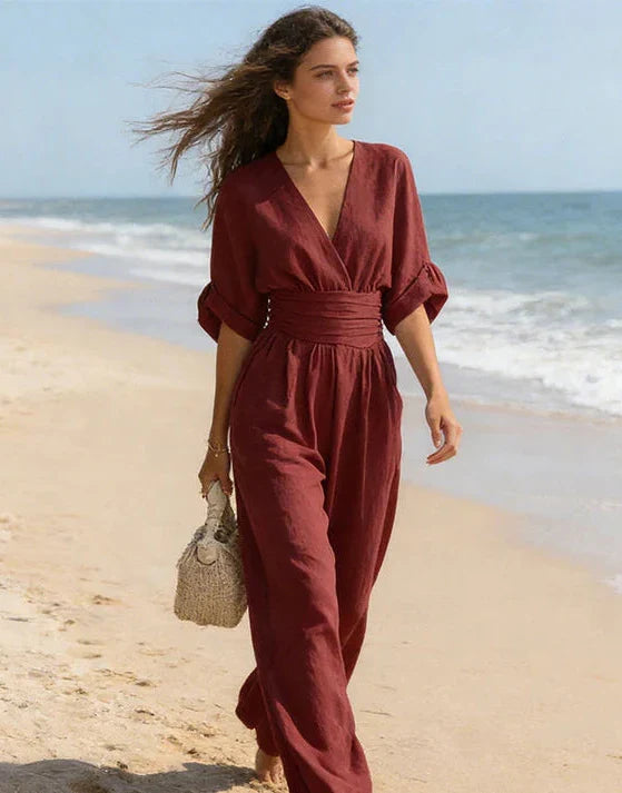 MONICA | ELEGANTE TUTA A GAMBA LARGA CON SCOLLO A V
