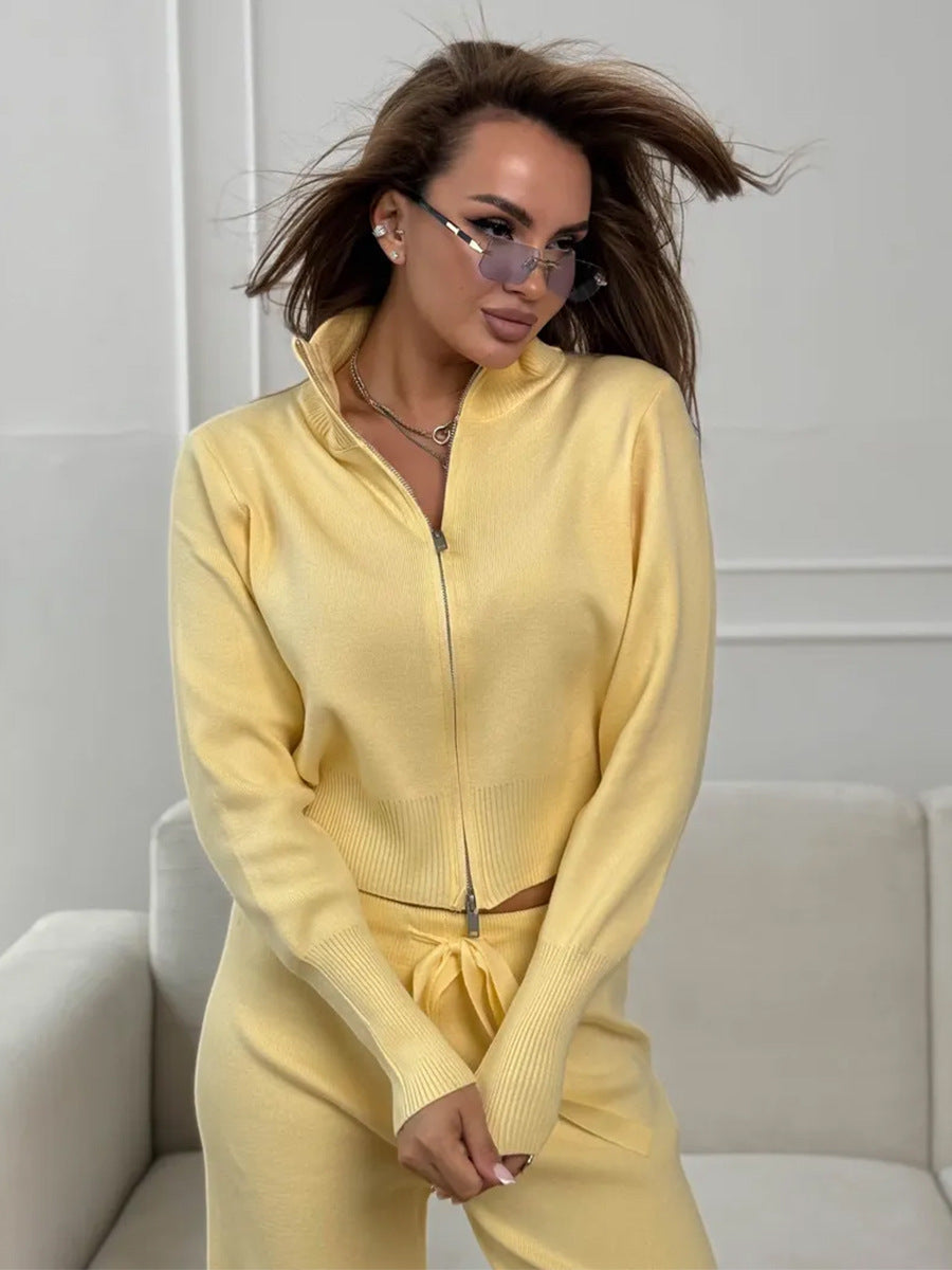 ISLA | COMPLETO IN MAGLIA 2 PEZZI – PANTALONI GAMBA AMPIA CON COULISSE E GIACCA CON ZIP